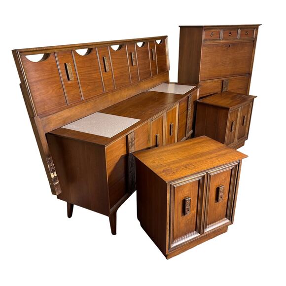 Bassett Mayan Walnut King Headboard Credenza Secretary 2 Nightstands MCM 5 piece - Picture 1 of 16